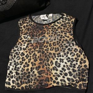 NEW Mesh Rhinestone Cropped Tank Top in Leopard
